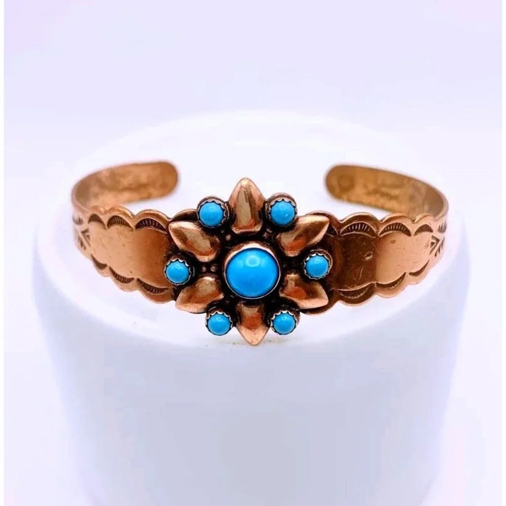 Vintage Solid Copper Faux Turquoise Cuff Bracelet Southwestern Stamped Design